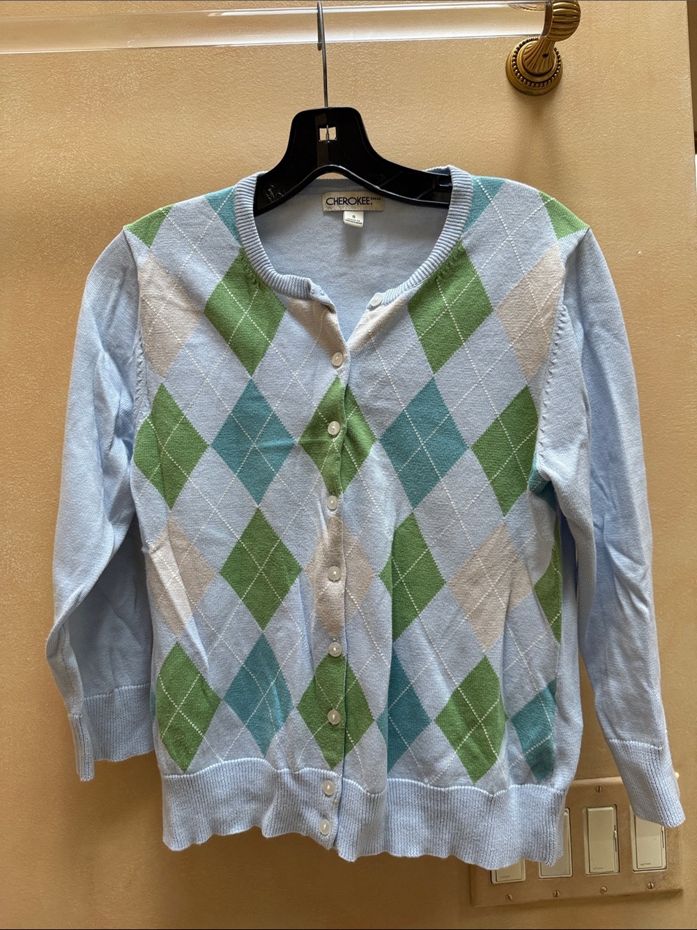 Cherokee Light Blue Argyle Cardigan with Green & White Diamonds